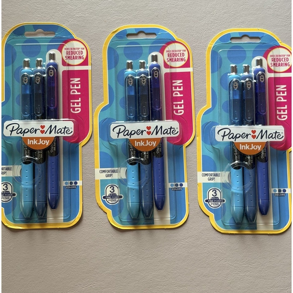 NEW PAPERMATE INKJOY GEL PENS 0.5 MM FINE POINT 3 Packs Of 3 Blue Navy Light Blu